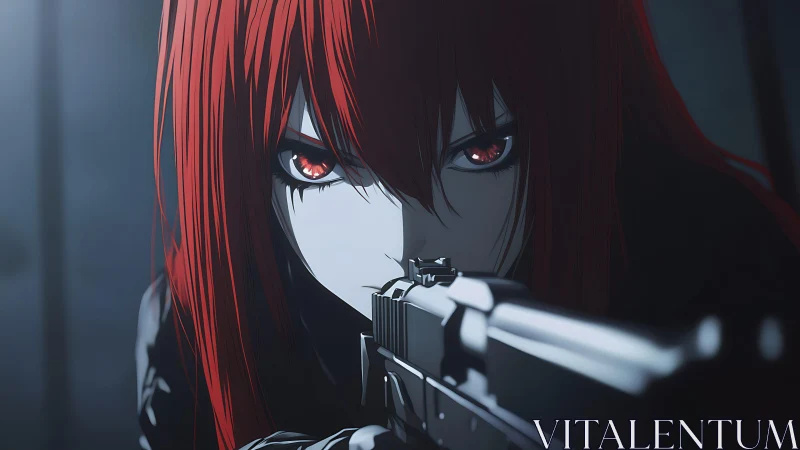 Red haired anime sniper aims rifle with intense fixed stare
