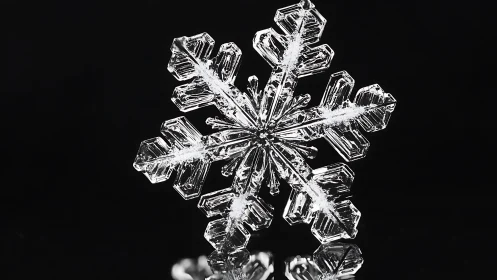 Single snowflake crystal is isolated on a uniform black background