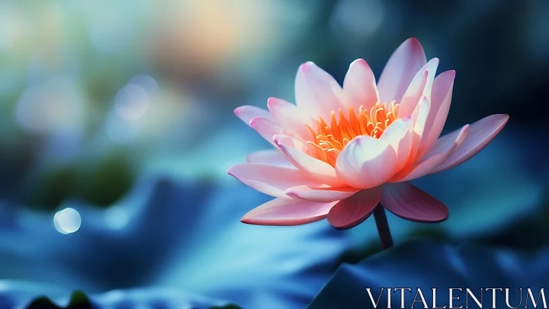 Luminescent Pink Water Lily with Gradient Orange Stamen in Bokeh Environment.