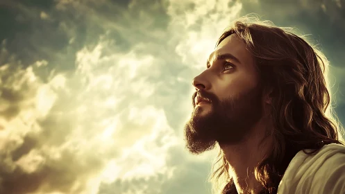 Bearded long-haired man gazes upward beneath bright clouded sky