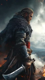 Battle-hardened Viking warrior stands amid storm and fire