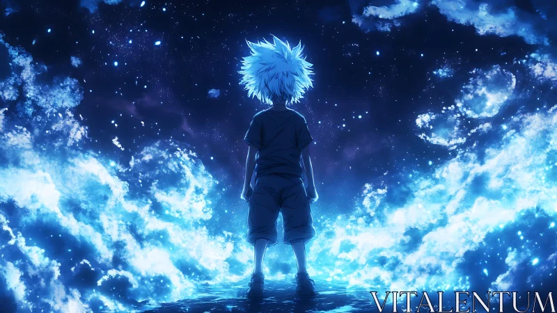 Solitary anime figure standing before luminous night sky.