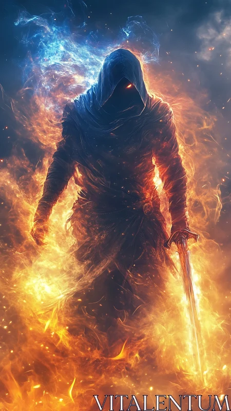 Hooded fire warrior with sword in blazing magical flames.