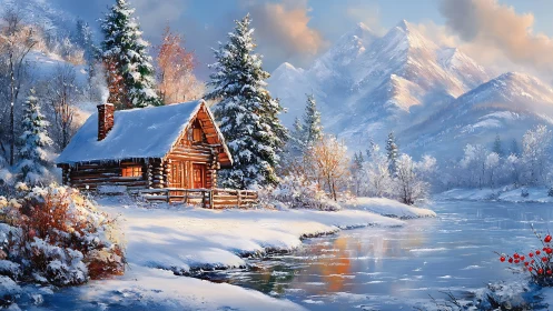 Snowbound log cabin glows warmly beside a silent river