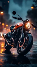 Midnight BMW roadster on rain-slick neon city street.