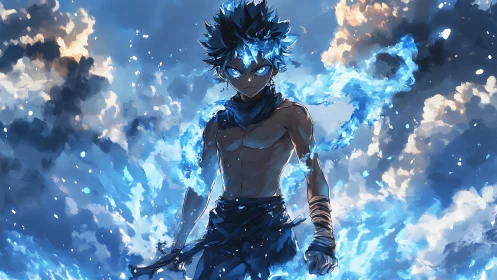 Storm-eyed fireweaver strides through a sky of blue embers