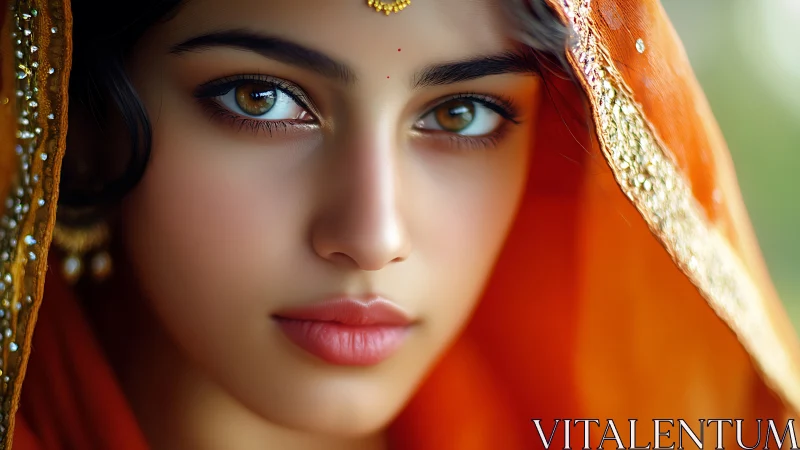 Hyperreal portrait under embroidered orange veil, frontal gaze.