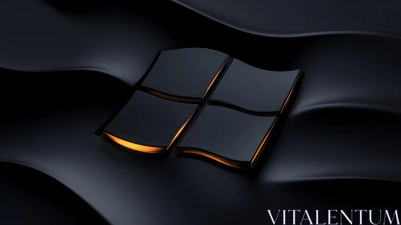 Sleek Black Windows Logo on Abstract Dark Waves, 3D Digital Art.