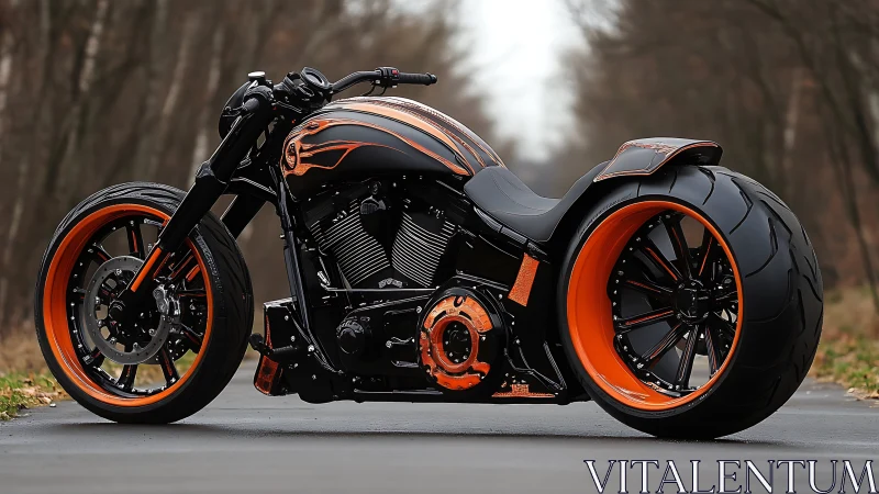 Custom black and orange chopper motorcycle on forest road.