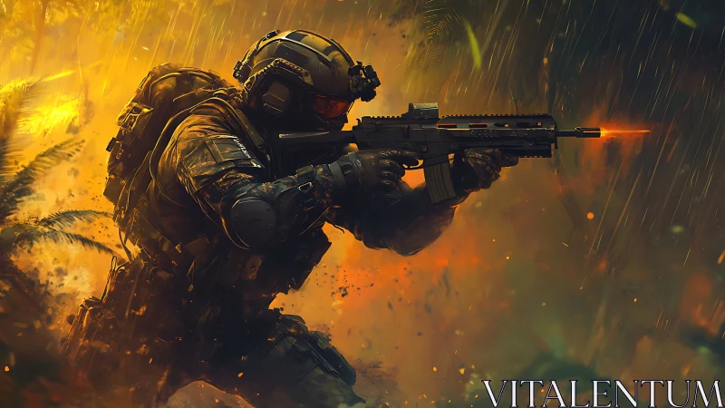 Tactical operator with carbine in rain-soaked jungle firefight
