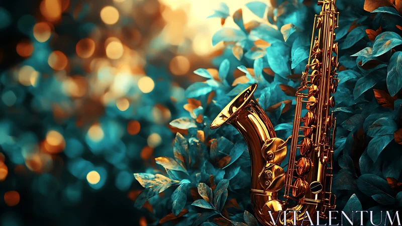 Golden saxophone rests amid teal foliage and bokeh light