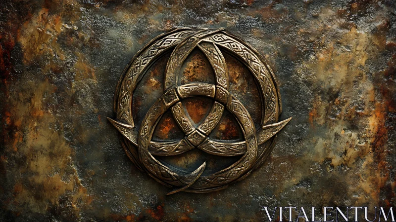 Interlocking Celtic metal sigil on weathered rusted steel panel.