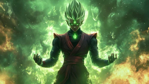 Emerald energy warrior stands within swirling cosmic flames