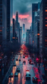 Moody city avenue glowing under a stormy pink twilight.