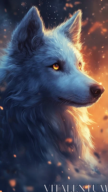 Bioluminescent-eyed white wolf in dual cool-warm rim lighting