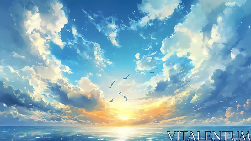 Dawn unwraps a painted ocean sky where seabirds drift home