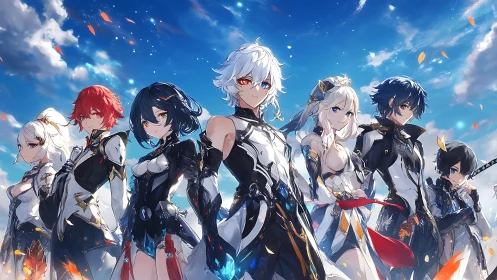 Heroic anime squad under radiant sky with dynamic lighting.