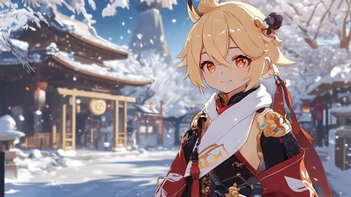 Anime character stands in snowy shrine courtyard and smiles