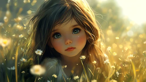 Child with large eyes in soft golden meadow light portrait.