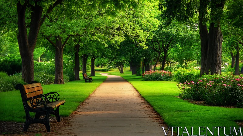 Photorealistic tree-lined park path with benches and blooms.