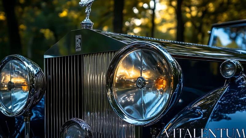 Vintage Rolls-Royce grille gleams in warm sunset reflections