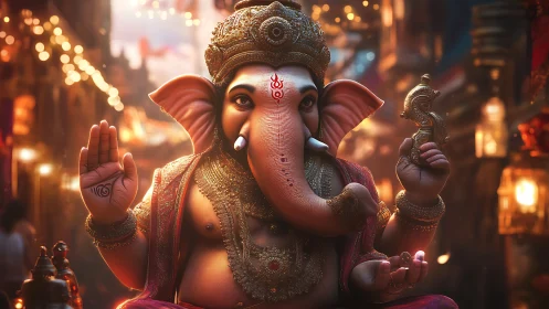 Majestic Ganesha idol amid glowing festive street lights.