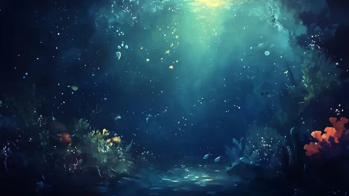 Submerged seafloor view with diffuse surface light beams.