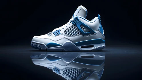 Classic white and blue sneaker in studio lighting, modern reflective style.
