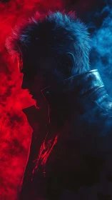 Moody neon portrait celebrates a lone figure in red and blue light