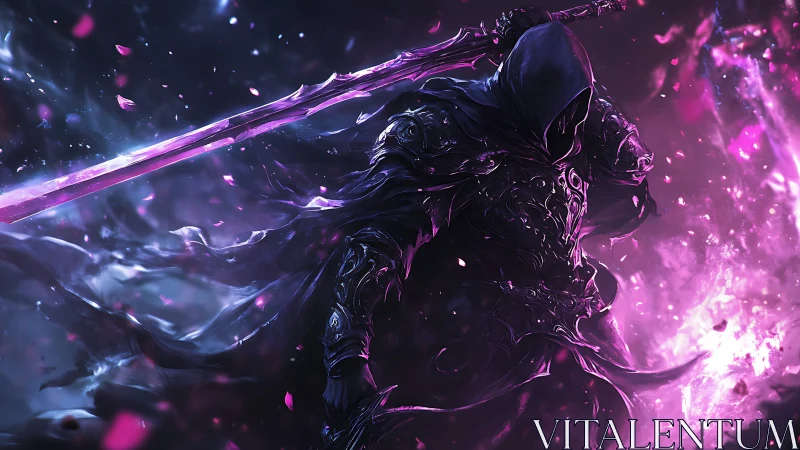 Hooded void knight swings glowing violet greatsword through void