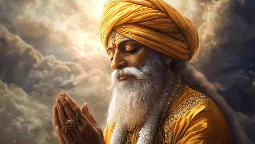 Elderly Sikh devotee rendered in high-detail digital painting light