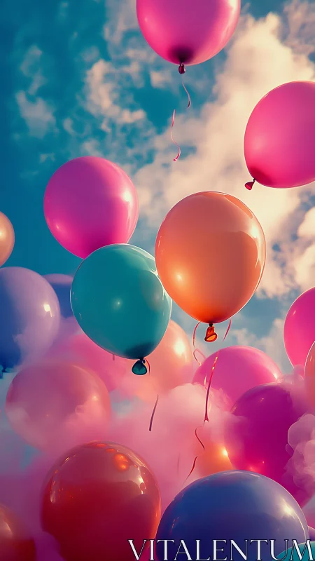 Chromatic Balloons Ascending Against Cumulus Sky with Volumetric Lighting Effects