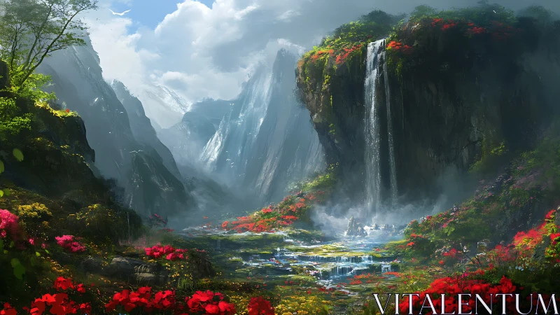 Mountain valley waterfall with mist and dense wildflowers.