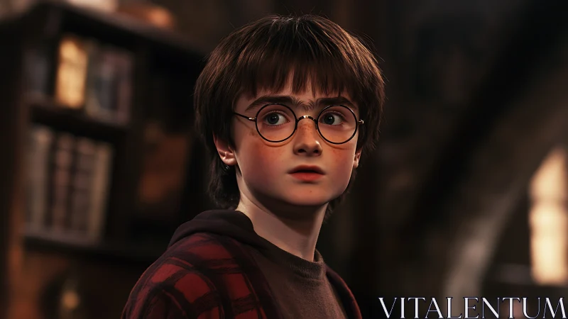 Wide-eyed young mage in warm library shadows, spellbound gaze.