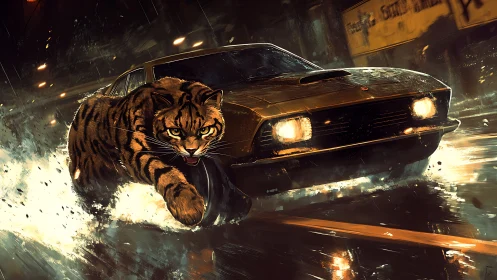 Kinetic rain chase with predatory tiger and muscle car.