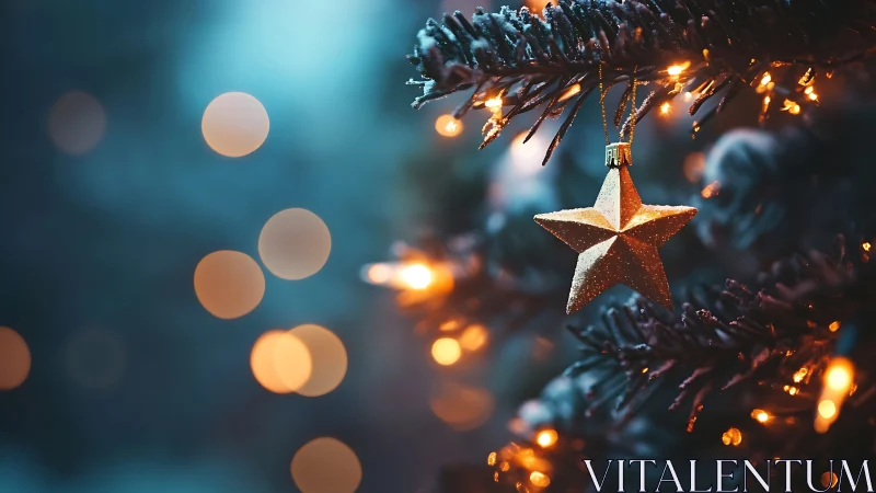 Golden star ornament glows on frosted Christmas tree.