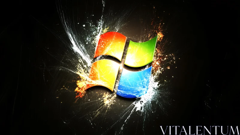 Windows logo ignites with explosive light and color shards.