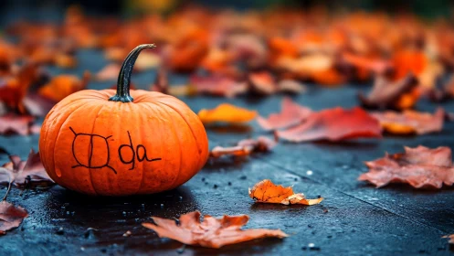 Pumpkin with scribbled sigil resting in glossy autumn rain.