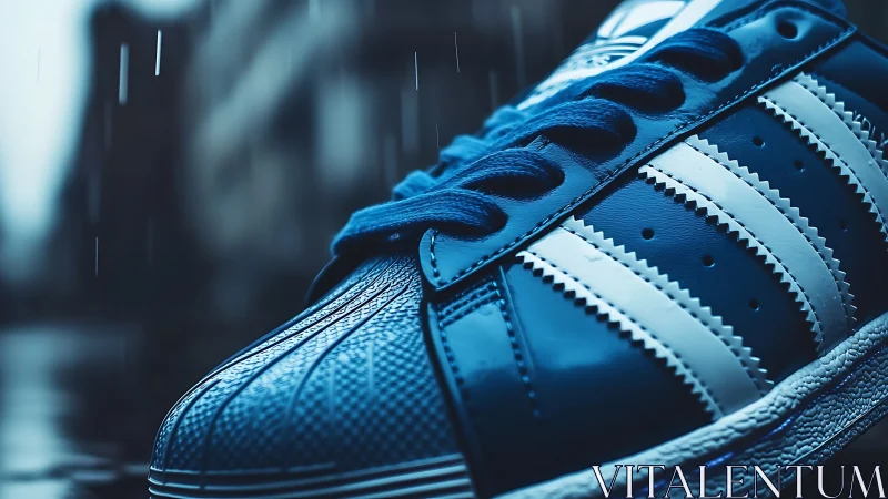 Blue sneaker close-up captures wet city street atmosphere