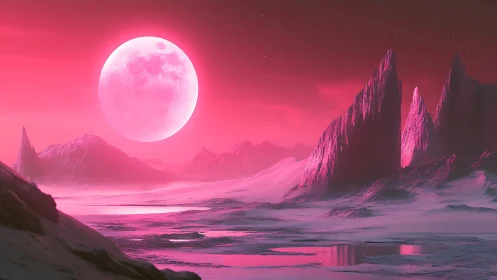 Neon moon rises above crystalline alien ice peaks.