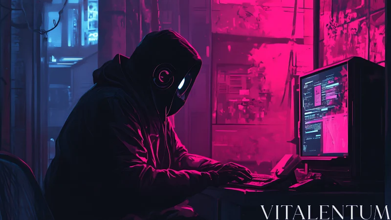 Nighttime coder glows in neon pink and blue city light.