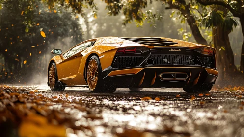 Orange sports car on wet tree-lined road in autumn rain.