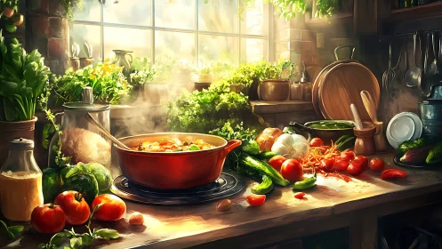 Sunlit rustic kitchen simmering with vibrant garden harvest.