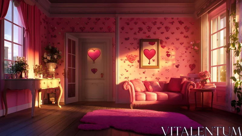 Romantic Valentine Living Room with Neon Heart Balloons and Rose Ambient Lighting
