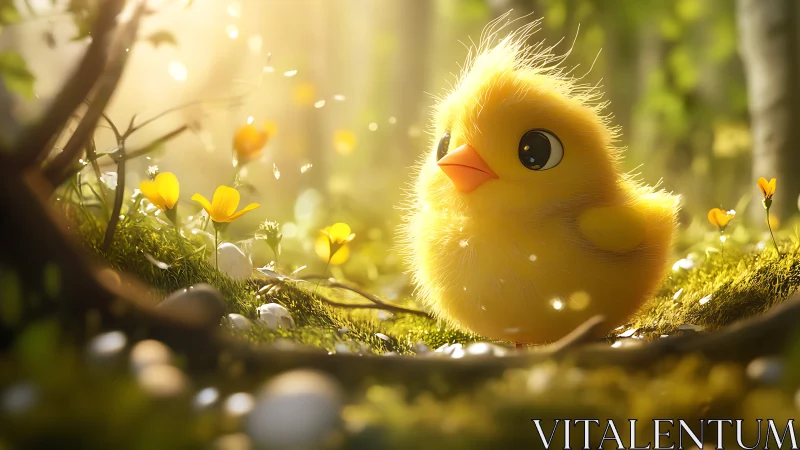 Bright-eyed baby chick enjoys a sunlit forest morning
