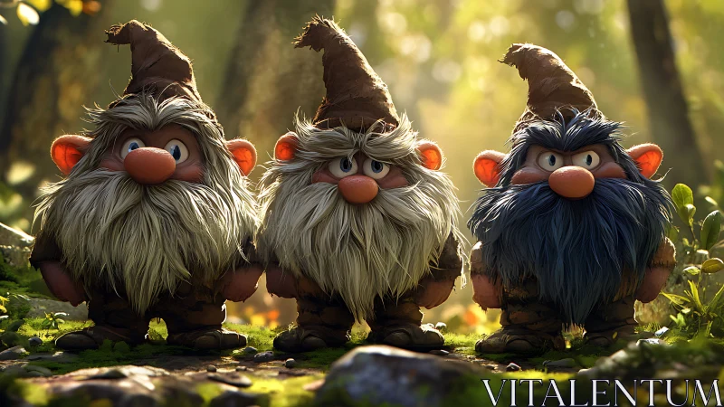 Forest trio of grumpy gnomes in honeyed morning light.