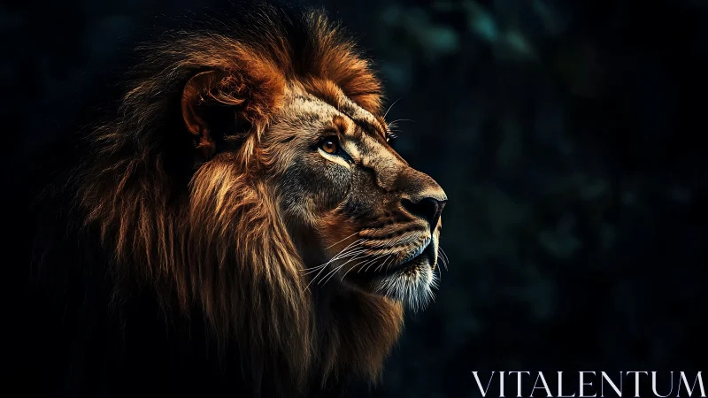 Profile study of lion with dark background and rim lighting.