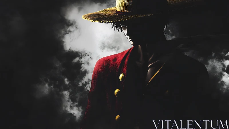 Straw hat hero in dramatic chiaroscuro, red coat isolated.
