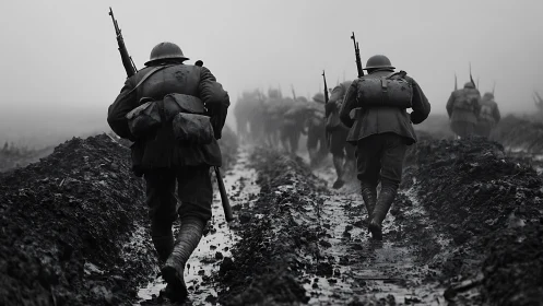 Mud-drenched soldiers trudge into a fog that swallows time