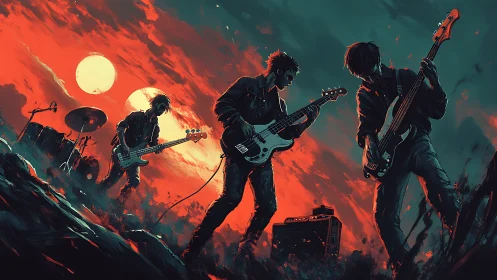 Post-apocalyptic rock band under twin suns in teal haze.